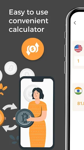 Easy to use Currency Converter Calculator app interface featuring convenient exchange calculator with currency exchange icon and user illustration on smartphone