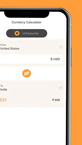 Currency Calculator app converting United States Dollar USD to India Indian Rupee INR with UnFavourite button and real-time conversion result display