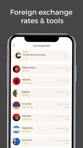 Exchange Rate tool showing list of countries including United Arab Emirates Afghanistan Albania Algeria Armenia Angola Argentina Australia with current exchange rates