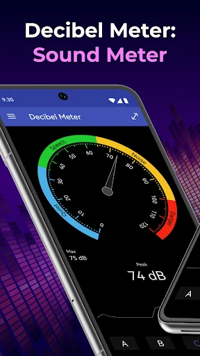 Decibel Meter app main interface showing real-time sound measurement gauge with color-coded zones displaying 15 dB reading