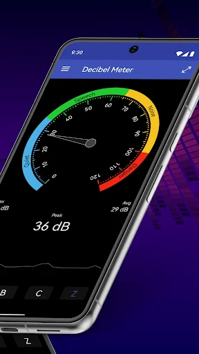 Sound meter gauge displaying 36 dB audio level with green, yellow, and red measurement zones for audio monitoring
