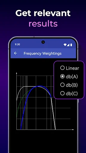 Frequency Weightings settings screen with response graph and selectable dB(A), dB(B), dB(C) audio filter options