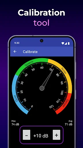 Calibration tool interface with adjustment buttons showing +10 dB offset and current decibel values for meter calibration