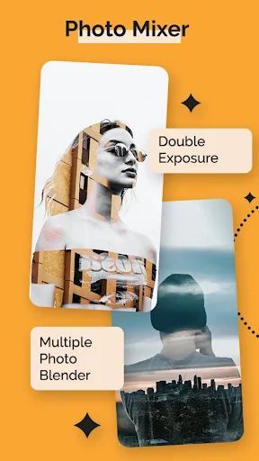 Photo Mixer app interface showcasing double exposure and multiple photo blending effects with overlapped images