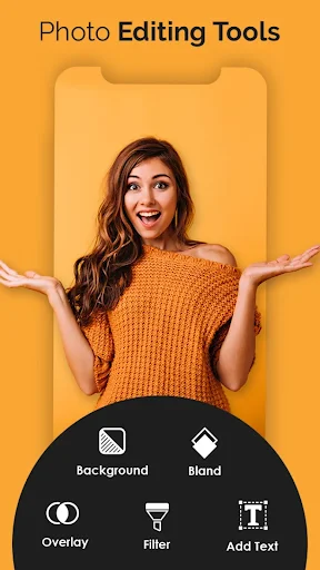 Photo editing tools interface with background, blend, overlay, filter, and text customization options