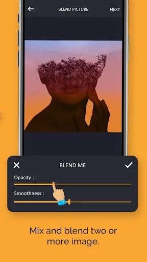 Blend picture interface with opacity and smoothness sliders for mixing multiple images together