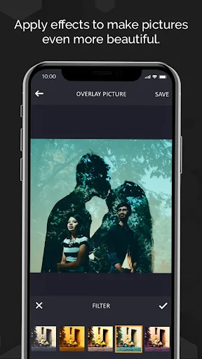 Overlay picture effect with filter options for enhancing double exposure and blended photos