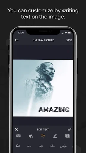 Edit text feature for adding and formatting text on blended double exposure images