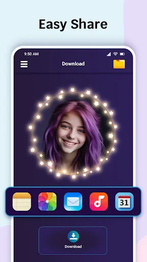 Easy Share feature screen with dark purple interface showing a profile picture surrounded by sparkly lightbulb border design and multiple sharing options including Notes, Photos, Email, and Calendar apps