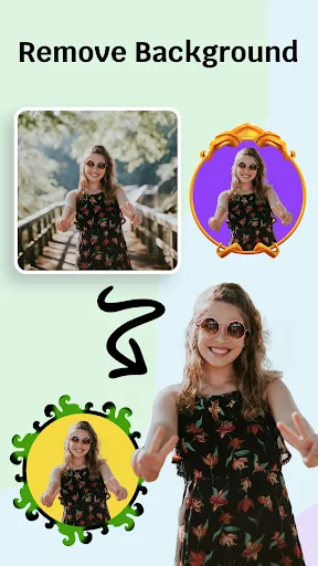 Remove Background feature demonstration showing original rectangular photo, purple flower-framed version, and green spiky circular framed version with full-body profile picture example