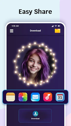 Easy Share feature screen with dark purple interface showing a profile picture surrounded by sparkly lightbulb border design and multiple sharing options including Notes, Photos, Email, and Calendar apps