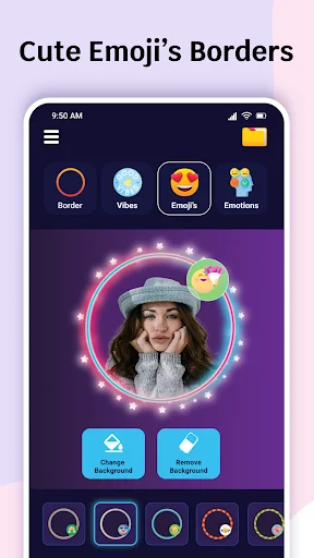 Cute Emoji Borders feature with navigation tabs showing Border, Vibes, Emojis, and Emotions options, neon rainbow circular border, cute emoji stickers, background editing buttons, and border style selections