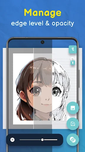 Edge level and opacity adjustment feature in Trace Drawing app showing portrait with split-view comparison and slider controls