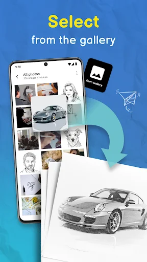 Photo gallery selection screen in Trace Drawing app displaying multiple images to import and convert to sketch drawings