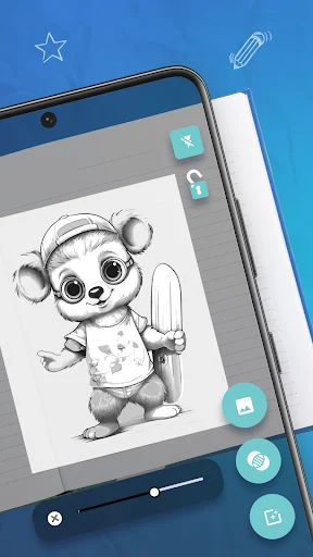Trace Drawing app interface showing animated animal character with drawing tools and editing options on right sidebar