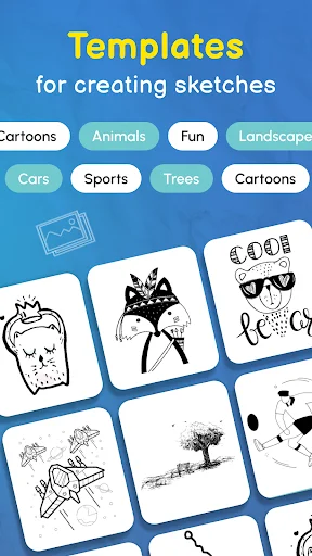 Templates gallery in Trace Drawing app displaying sketch categories including Cartoons, Animals, Fun, Landscape, Cars, Sports, Trees with thumbnail previews