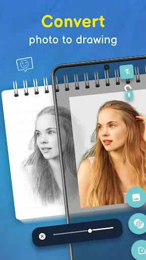 Photo to drawing conversion demonstration in Trace Drawing app showing portrait transformation from color photo to detailed sketch