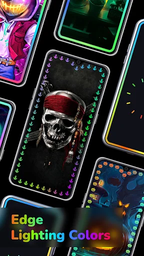 Multiple Android phones displaying vibrant neon edge lighting borders with colorful glowing effects and custom skull wallpaper designs