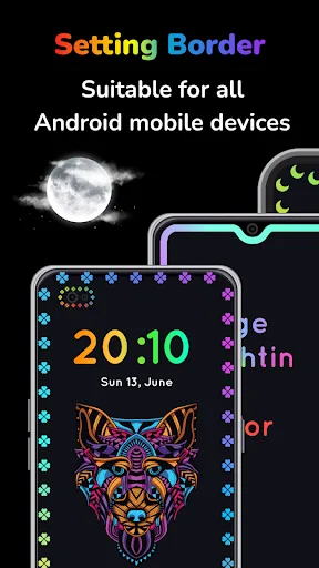 Setting border customization screen showing neon edge lighting with tribal pattern design, time display, and moon graphic