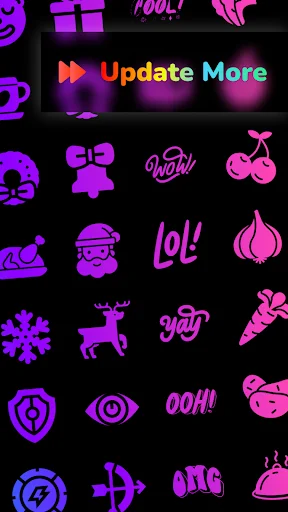 Magenta and purple neon emoji designs with text icons and Update More option showing additional edge lighting border styles