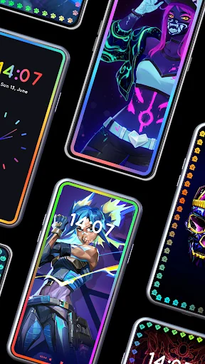 Animated character wallpapers with gradient neon edge lighting borders in cyan, purple, pink, and orange color combinations