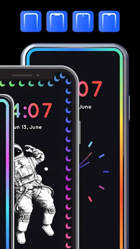 Android phone wallpaper preview with astronaut image and animated neon edge lighting border effects with blue gradient frame