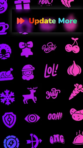 Magenta and purple neon emoji designs with text icons and Update More option showing additional edge lighting border styles