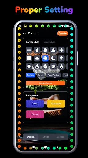 Edge lighting settings menu displaying border style options, color customization, photo background, and design effect controls