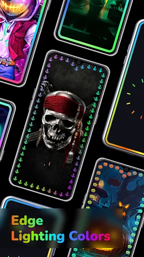 Multiple Android phones displaying vibrant neon edge lighting borders with colorful glowing effects and custom skull wallpaper designs