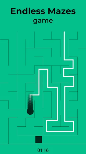 Endless Mazes game title screen showing a teal maze puzzle with white solution path, black player ball, goal square, and 01:16 timer