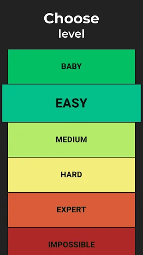 Level selection screen for Endless Mazes puzzle game displaying six difficulty options: Baby, Easy, Medium, Hard, Expert, and Impossible