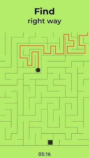 Lime green maze puzzle game screen showing 'Find right way' with highlighted solution path, player ball, goal square, and 05:16 timer
