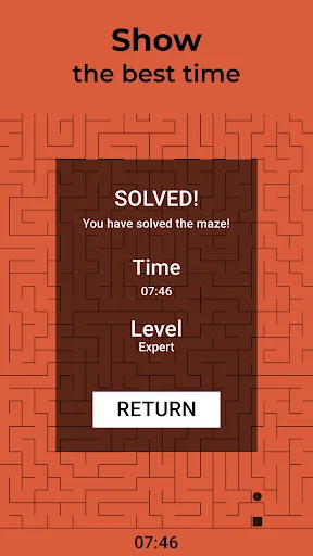 Endless Mazes game completion popup showing 'SOLVED!' message with time 07:46, Expert level, and Return button on orange background