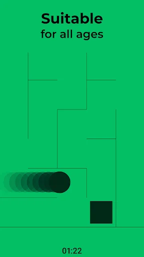 Endless Mazes puzzle game showing 'Suitable for all ages' with animated player ball moving through teal maze toward goal square
