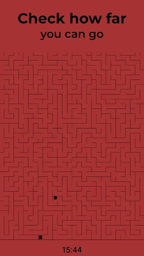 Endless Mazes challenge screen 'Check how far you can go' displaying complex red maze puzzle with timer showing 15:44