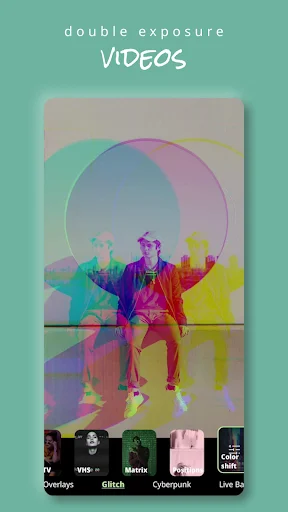 Expose app showing double exposure video effect with colorful overlays and glitch filters applied to portrait video