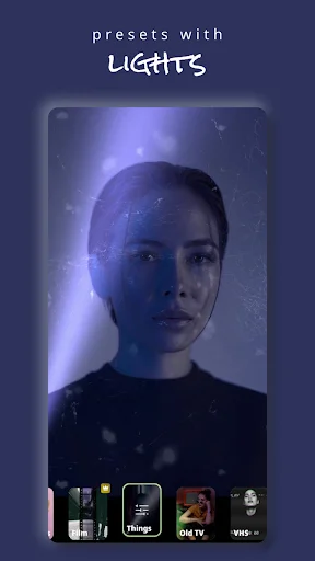 Portrait with purple glowing light preset effect applied, showcasing Expose app's real-time lighting filter capabilities