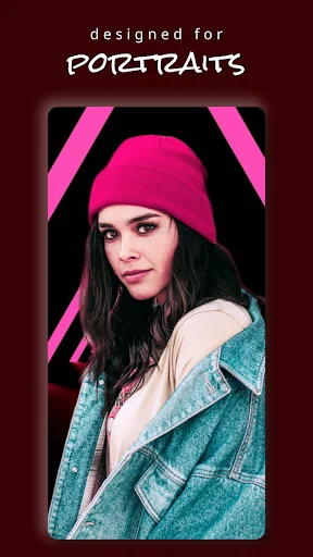 Portrait with bold magenta and black geometric design overlays, demonstrating Expose app's portrait enhancement features