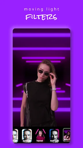 Portrait with horizontal moving purple light filter effects applied in real-time using Expose app's motion filters