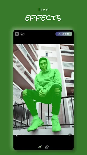 Live camera view with bright green color filter effect applied and active recording, showing Expose app's live effects