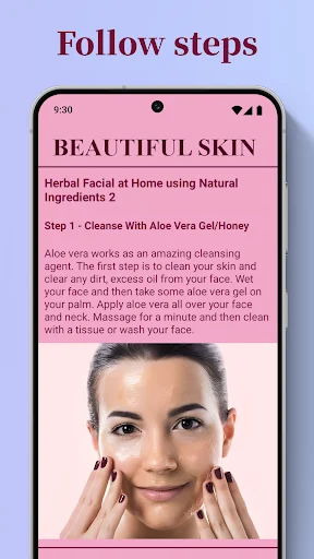 Step-by-step facial treatment guide showing cleansing with aloe vera gel and honey massage
