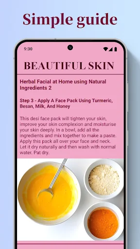DIY face pack recipe showing turmeric, besan powder, and honey ingredients for home facial