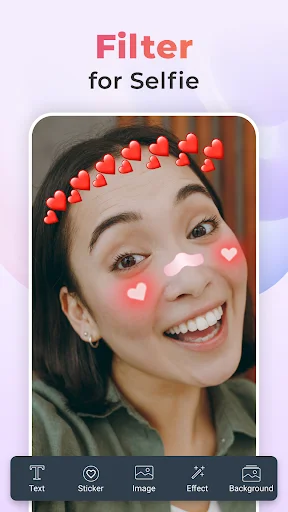 Funny face filter app: selfie with red heart decorative filters, sticker, effect, and background editing tools