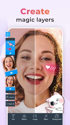 Create magic layers: photo editor with split-screen preview showing face filters and sticker layer adjustments