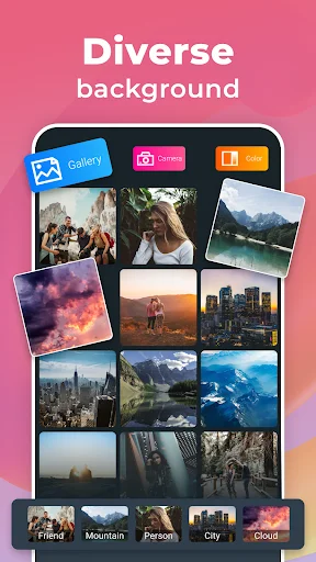 Diverse background options: photo gallery with landscape, portrait, and scenic images for selfie backgrounds
