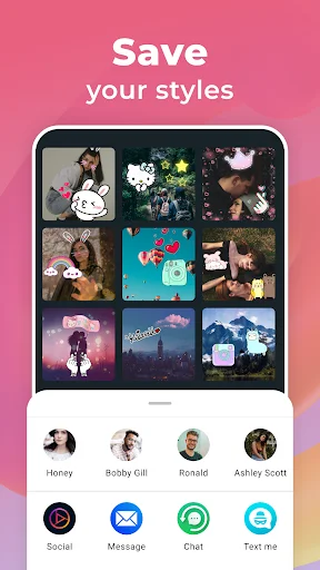 Save and share filtered styles: gallery of edited photos with direct sharing options to social, message, and chat