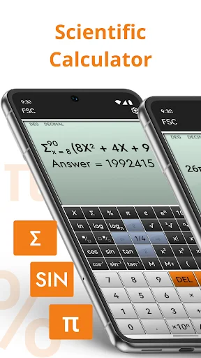 Full Scientific Calculator app displaying complex equation with answer, orange function buttons for Sigma, SIN, and Pi symbols, and scientific keypad layout