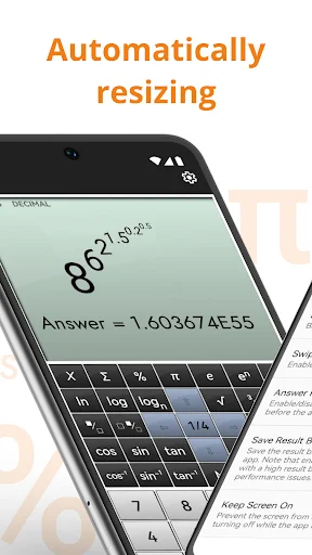 Automatically resizing scientific calculator adapting interface layout to display complex mathematical expressions and answers on mobile screen