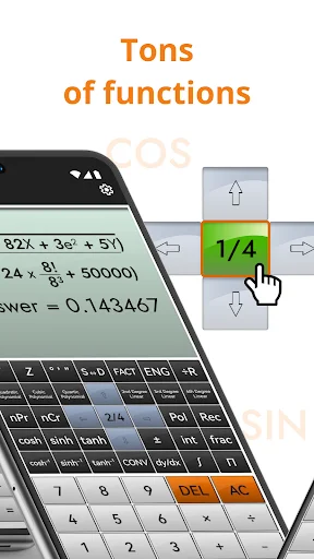 Full Scientific Calculator showing tons of functions including fraction notation (1/4) with calculation display and comprehensive numeric keypad for advanced calculations