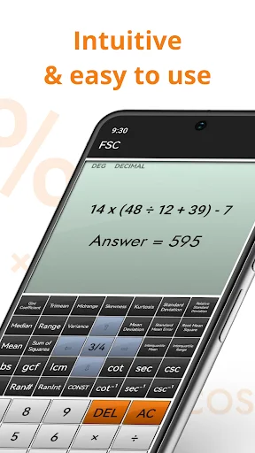 Intuitive scientific calculator interface featuring easy-to-use design with simple math problem calculation display and organized button layout on mobile device